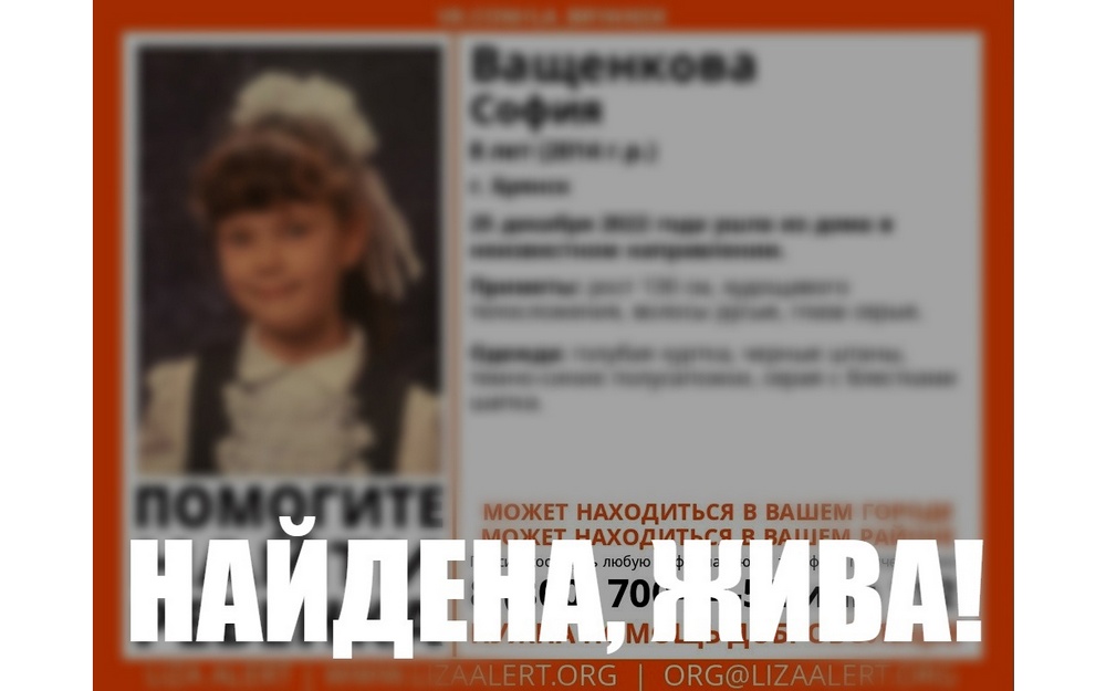 В Брянске нашли живой пропавшую 8-летнюю Софию Ващенкову
