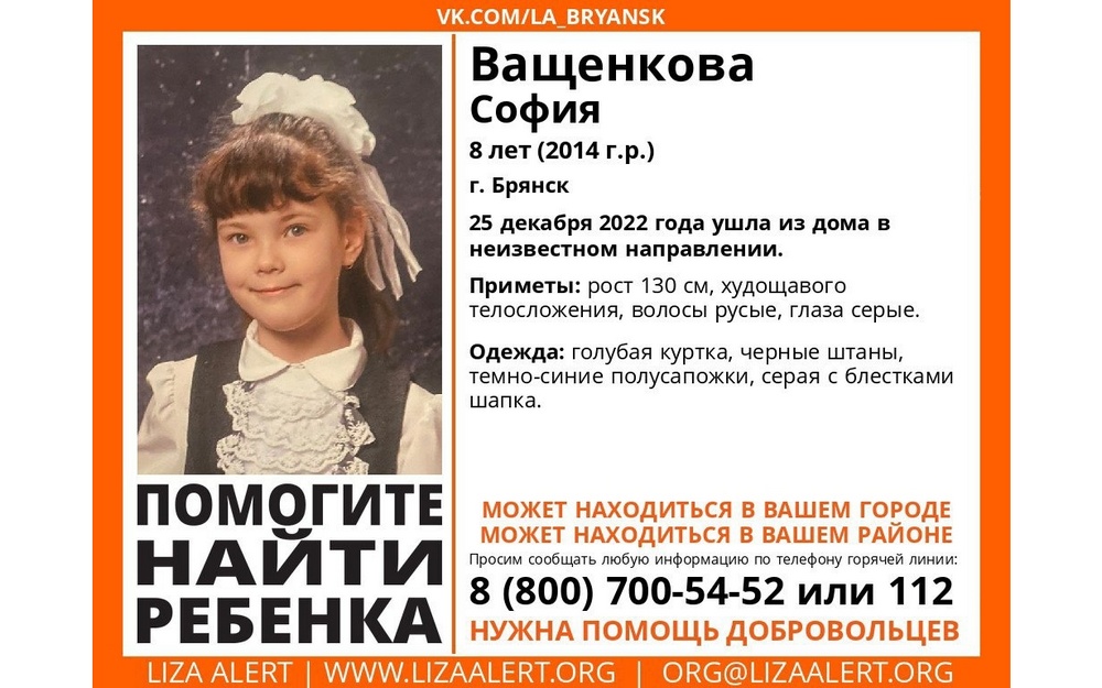 В Брянске ищут пропавшую восьмилетнюю Софию Ващенкову