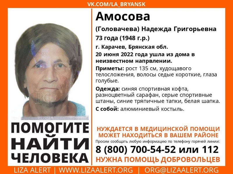 В Брянской области разыскивают пропавшую 74-летнюю Надежду Амосову