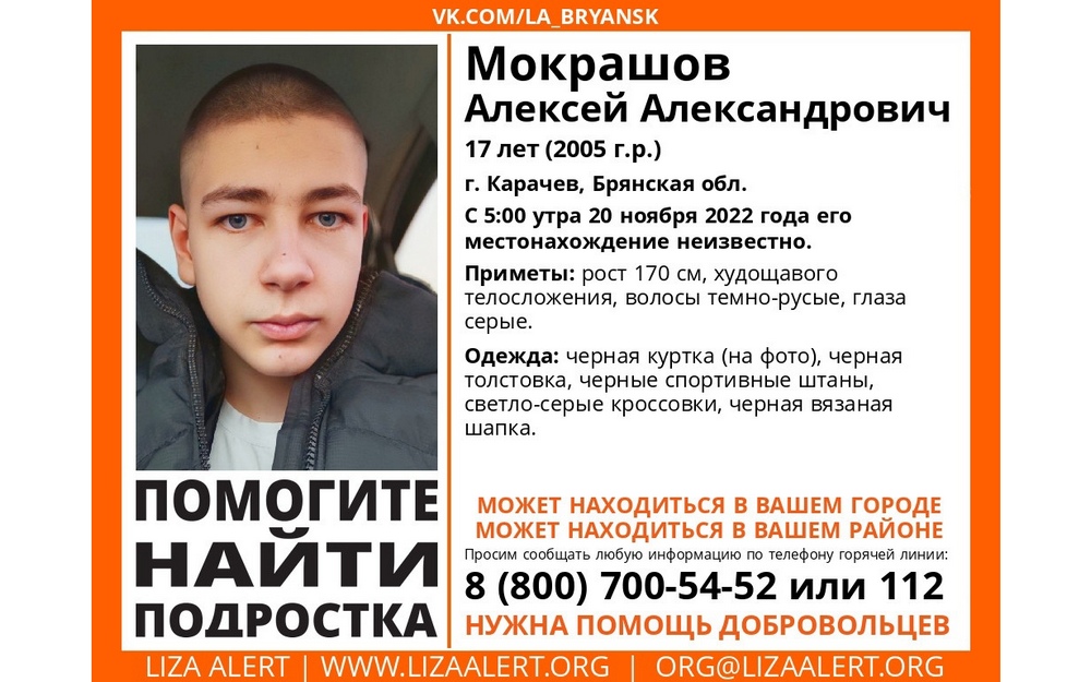В Брянской области продолжаются поиски 17-летнего Алексея Мокрашова