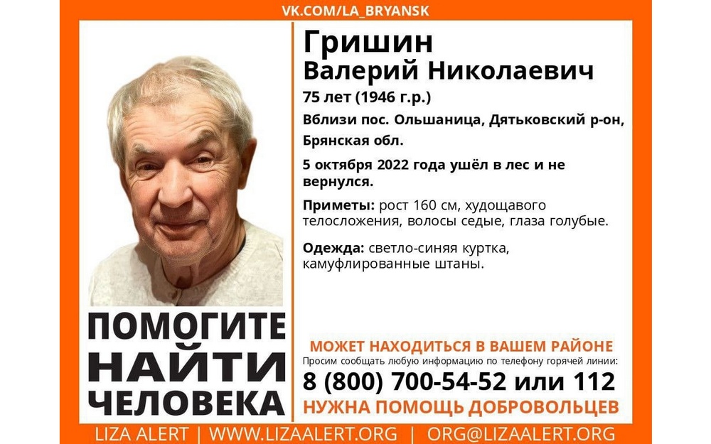 Пропавшего 75-летнего брянца Валерия Гришина нашли погибшим
