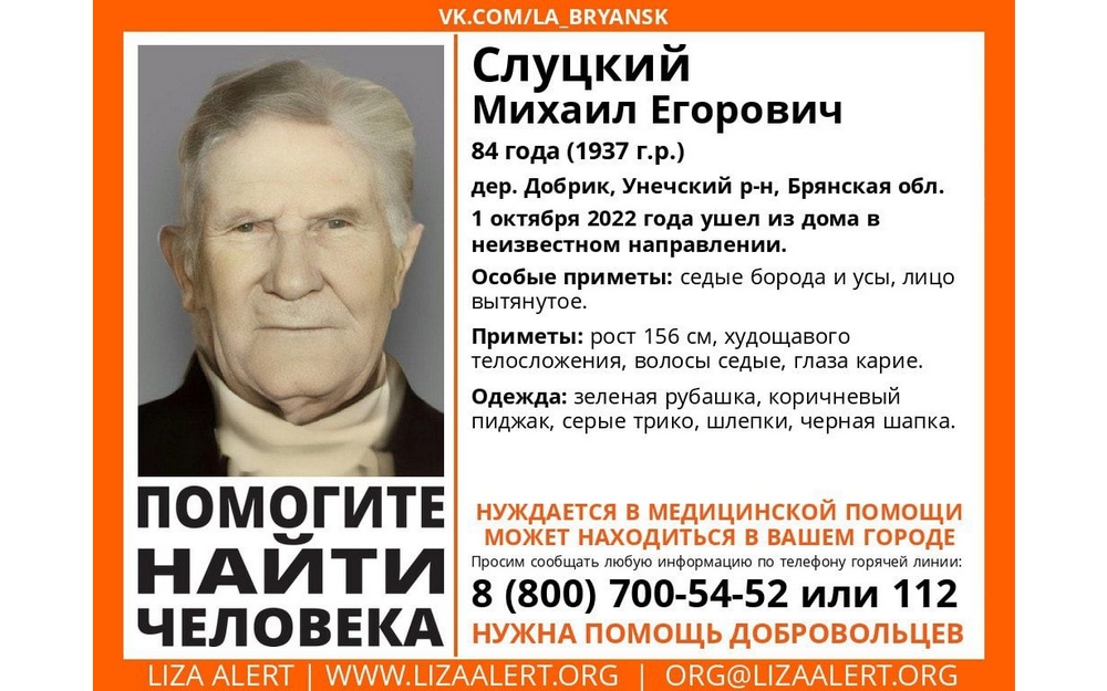 Пропавшего 84-летнего брянца Михаила Слуцкого нашли погибшим