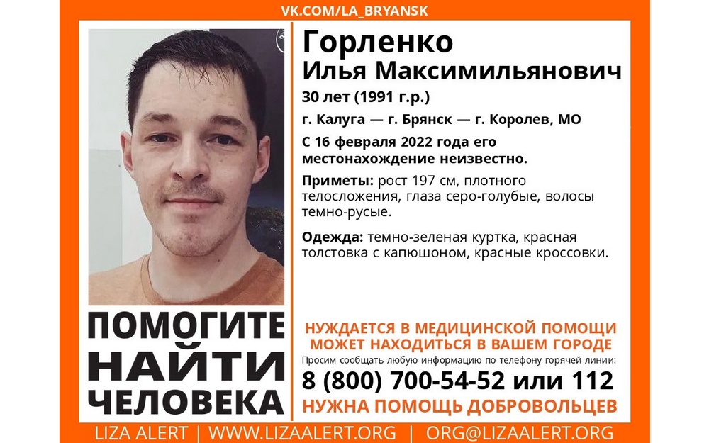 Брянцев просят помочь в поисках пропавшего Ильи Горленко