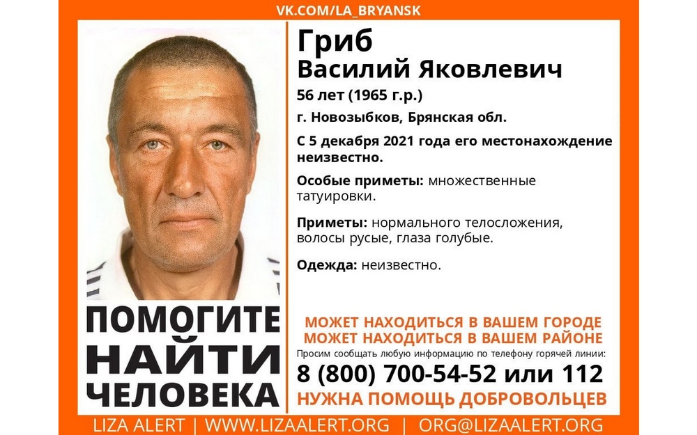 В Брянской области разыскивается 56-летний Василий Гриб