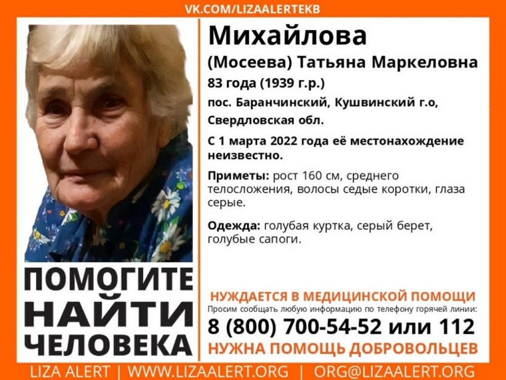 Брянцев просят помочь в поисках пропавшей в поселке Барачинский 83-летней Татьяны Михайловой (Моисеевой)