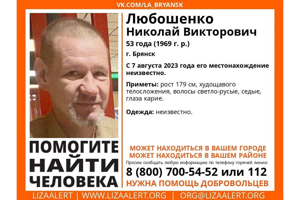 В Брянске продолжаются поиски пропавшего 7 августа Николая Любошенко