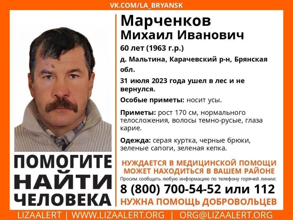 Под Карачевом ищут пропавшего без вести 60-летнего Михаила Марченкова
