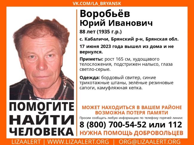В Брянской области ищут пропавшего 88-летнего Юрия Ивановича Воробьева