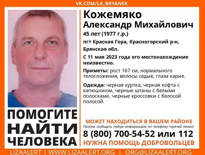 В Брянской области ищут пропавшего 11 мая 45-летнего Александра Кожемяко