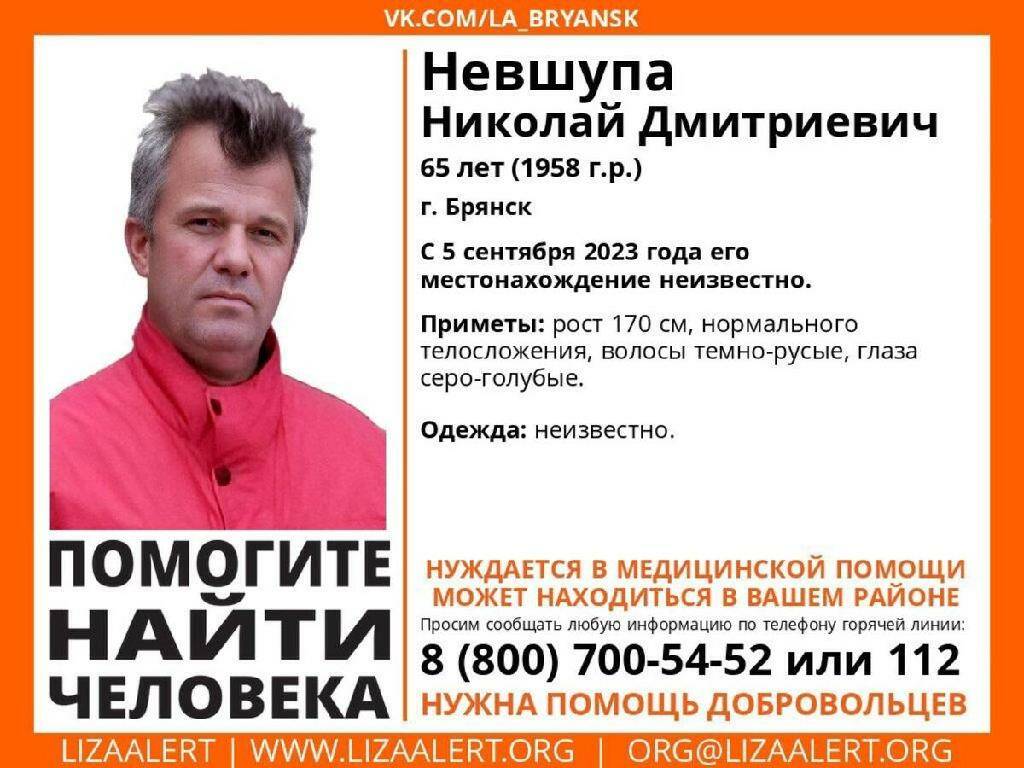 В Брянске начались поиски пропавшего 65-летнего Николая Невшупы