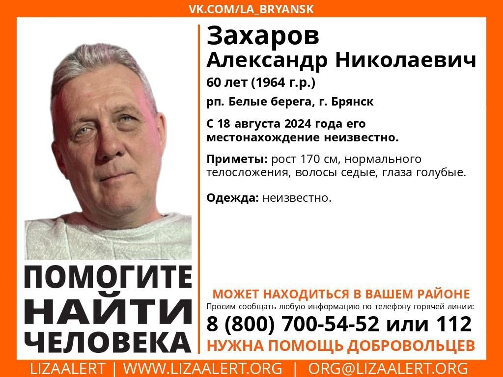 В Белых Берегах пропал 60-летний Александр Захаров