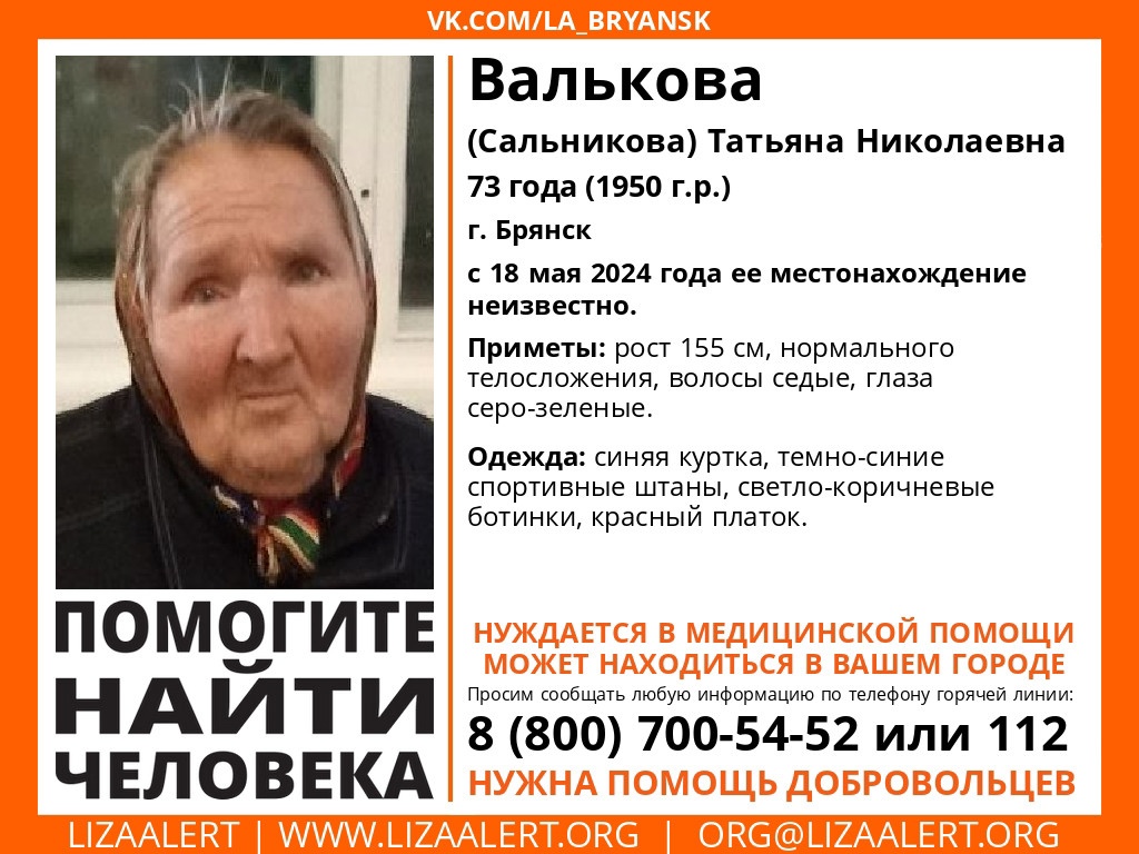 В Брянске без вести пропала 73-летняя Татьяна Валькова